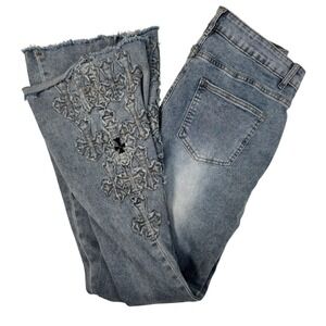 Bamboo Jeans Women's Gothic Cross Flare Raw Hem Light Wash Y2K Size 15